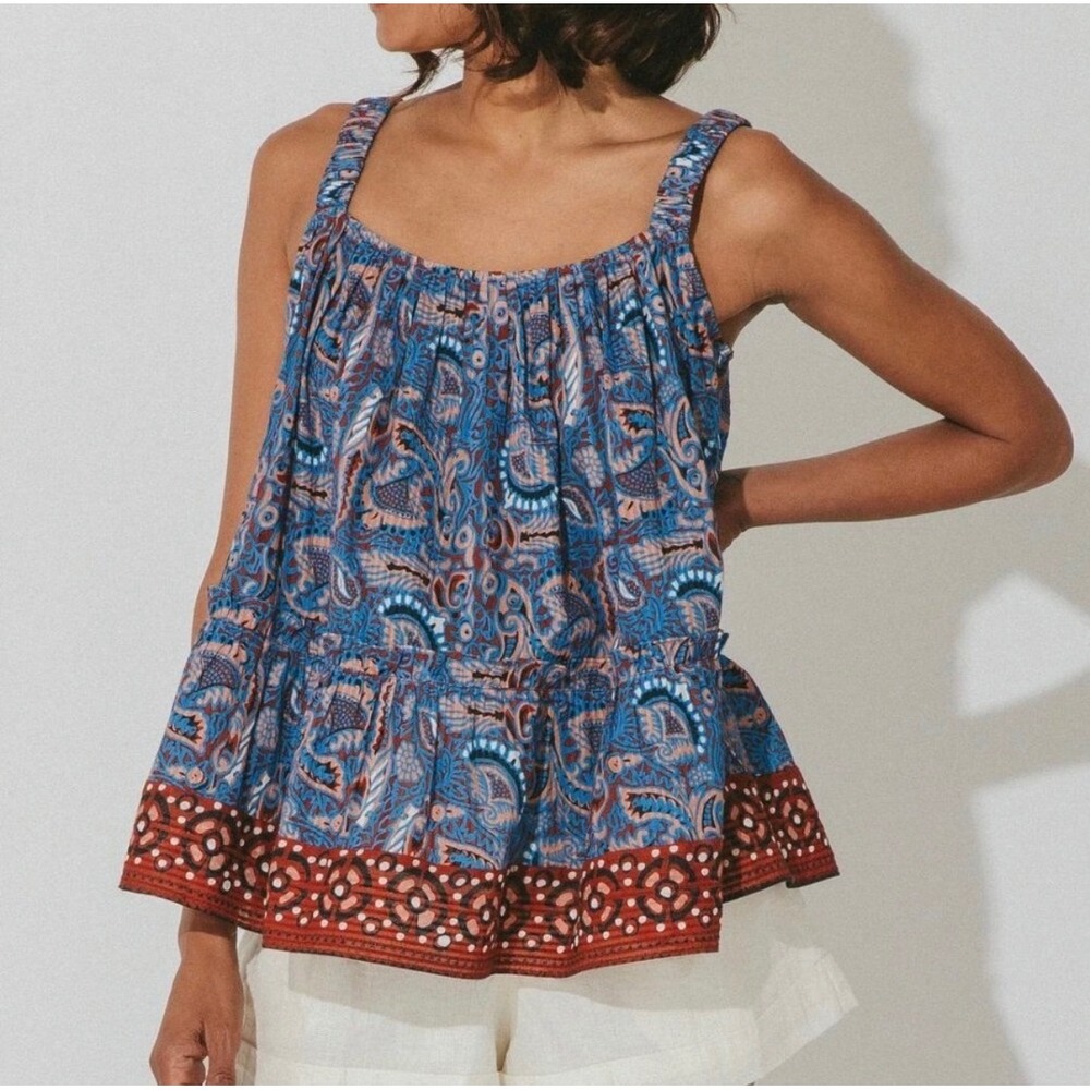 Cleobella Anthropologie Blue Paisley Organic Cotton Tiered Peplum Tank Top XS